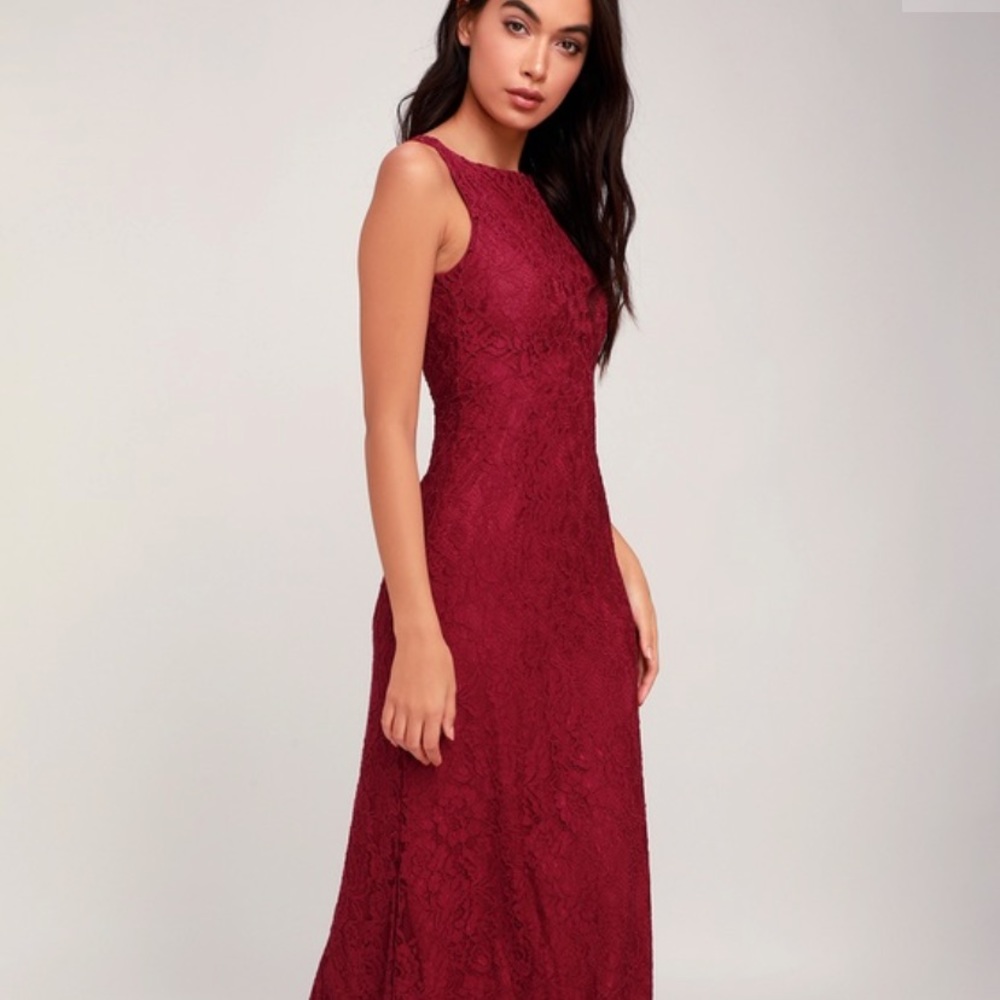 NWT Lulu’s Brilliant Babe Wine Red Lace Maxi Dress